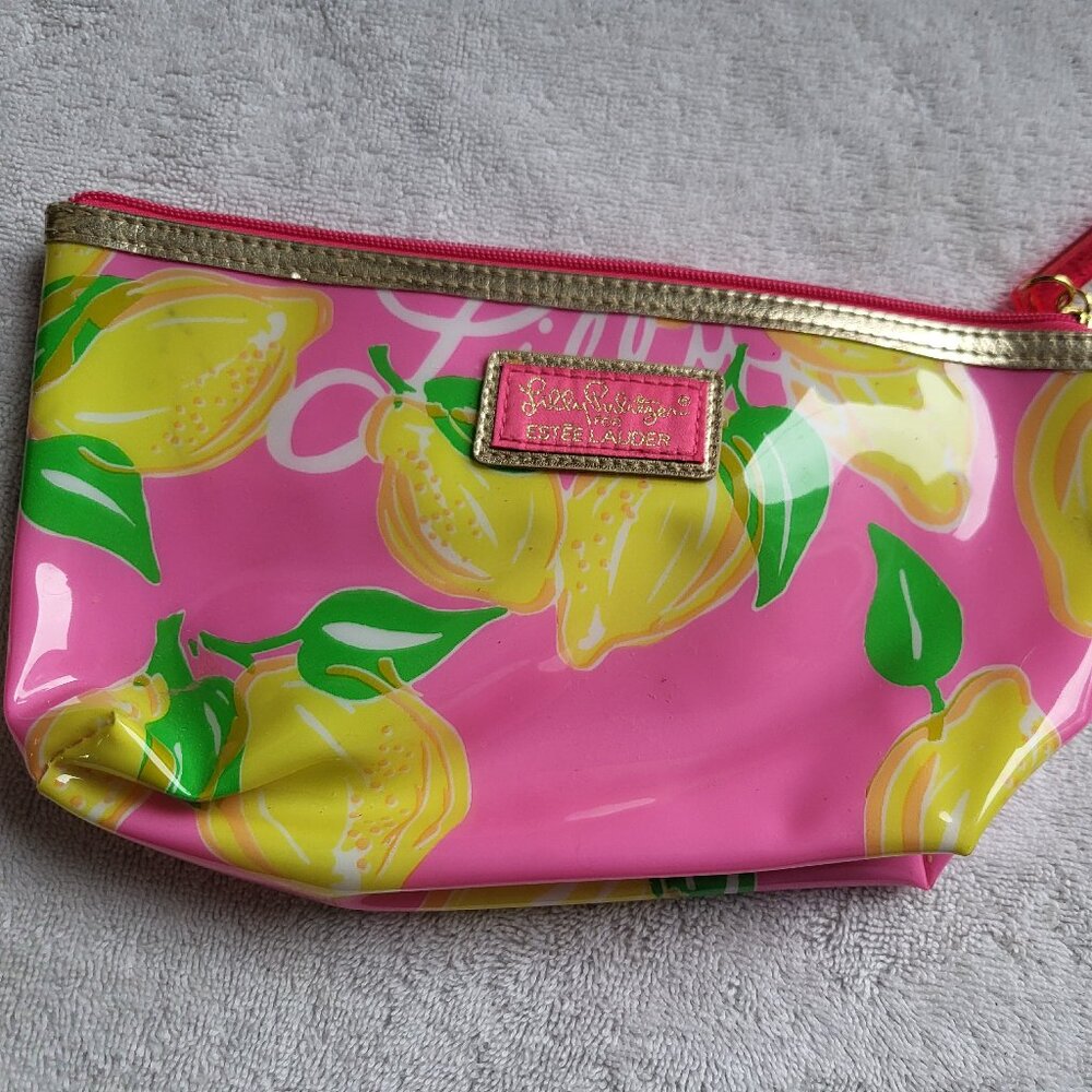 Lilly Pulitzer For Estee Lauder PVC Pink Lemon Zipper Cosmetics Bag GUC SEE PICS